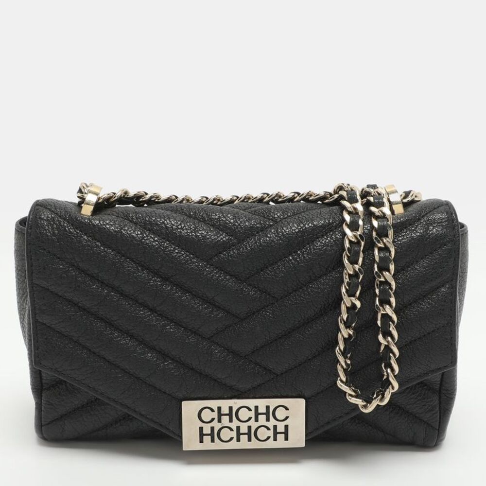 Ch Carolina Herrera Bimba Black Chevron Leather Flap Shoulder Bag